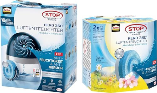 Bundle aus Pattex Luftentfeuchter Aero 360° Gerät & Nachfüll-Tab, Frischer Wasserfall, 450g und Pattex Luftentfeuchter Aero 360° Nachfüll-Tabs, Wildblumenwiese, 2 x 450g von Pattex