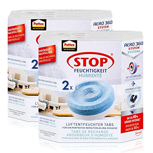 Henkel Pattex Stop Feuchtigkeit Aero 360° Luftentfeuchter Nachfüllpack 2x450g Neutral-Tabs - Vorbeugend gegen Feuchtigkeit, schlechte Gerüche und Schimmel (2er Pack) von Pattex