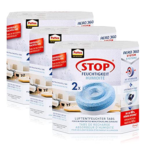 Henkel Pattex Stop Feuchtigkeit Aero 360° Luftentfeuchter Nachfüllpack 2x450g Neutral-Tabs - Vorbeugend gegen Feuchtigkeit, schlechte Gerüche und Schimmel (3er Pack) von Pattex