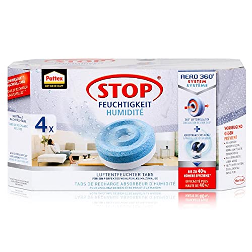 Henkel Pattex Stop Feuchtigkeit Aero 360° Luftentfeuchter Nachfüllpack 4x450g Neutrale-Tabs - Vorbeugend gegen Feuchtigkeit, schlechte Gerüche und Schimmel (1er Pack) von Pattex