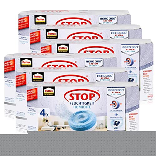 Henkel Pattex Stop Feuchtigkeit Aero 360° Luftentfeuchter Nachfüllpack 4x450g Neutrale-Tabs - Vorbeugend gegen Feuchtigkeit, schlechte Gerüche und Schimmel (6er Pack) von Pattex