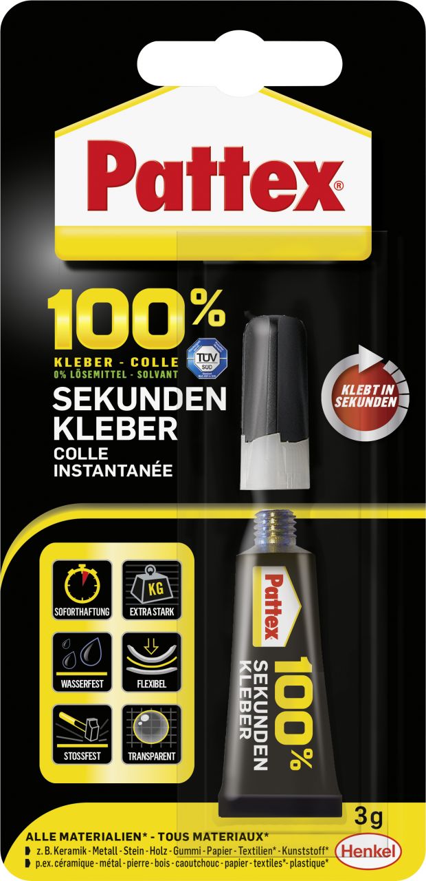 Pattex 100% Sekundenkleber 3 g Tube, transparent von Pattex