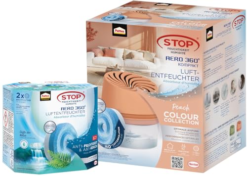 Pattex AERO 360° Kompakt Luftentfeuchter Peach Colour Collection, 1 Gerät inkl. 1 Nachfülltab & Nachfüll Tabs Frischer Wasserfall, geruchsneutralisierend, Nachfüllpack 2er-Pack (2x450g) von Pattex