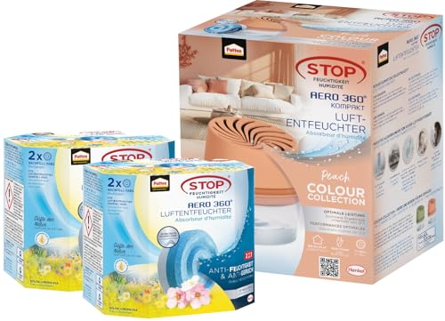 Pattex AERO 360° Kompakt Luftentfeuchter Peach Colour Collection, 1 Gerät inkl. 1 Nachfülltab & Nachfüll Tabs Wildblumenwiese, geruchsneutralisierend, 2x Nachfüllpack 2er-Pack (2x450g) von Pattex