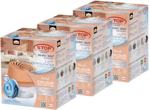 Pattex AERO 360° Kompakt Luftentfeuchter Peach Colour Collection, 3x 1 Gerät inkl. 1 Nachfülltab, Raumentfeuchter für effektive Luftzirkulation, Raumluftentfeuchter reduziert Luftfeuchtigkeit von Pattex