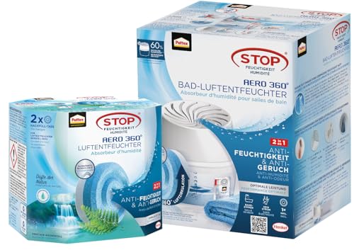 Pattex AERO 360° Luftentfeuchter für das Badezimmer, Raumluftentfeuchter, 1 Gerät inkl. 1 Nachfüll Tab & Nachfüll Tabs Frischer Wasserfall, geruchsneutralisierend, 2er-Pack (2x450g) von Pattex