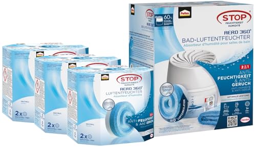 Pattex AERO 360° Luftentfeuchter für das Badezimmer, effektive Luftzirkulation, 1 Gerät inkl. 1 Nachfüll Tab & Neutral Tabs Nachfüllpack, 3x 2er-Pack (2x450g) von Pattex