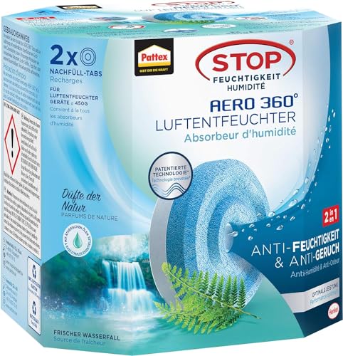 Pattex AERO 360° Frischer Wasserfall Tabs Nachfüllpack, reduzieren Feuchtigkeit und schlechte Gerüche, Nachfülltabs für den Luftentfeuchter AERO 360°, 2er-Pack (2x450g) von Pattex