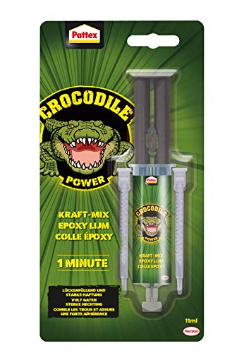 Pattex Crocodile Power Kraft-Mix 1 Min Epoxidharz, starker Epoxy Kleber mit Instant-Mix Spritze, schnelltrocknender Epoxy Resin auch für unebene Oberflächen, 1 x 11ml von Pattex