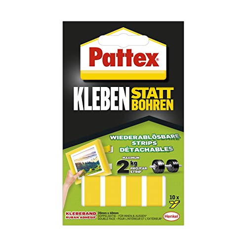 Pattex Kleben statt Bohren Klebe-Strips, starkes doppelseitiges Klebeband, ablösbare Klebestreifen, Kleber sichert Objekte dauerhaft ohne Bohren, 10 Streifen je 20 x 40mm von Pattex