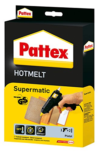 Pattex Hotmelt Supermatic Heißklebepistole, Klebepistole mit elektronischer Temperatursteuerung, Set mit Pattex 1 Heißklebepistole + 2 Klebesticks von Pattex