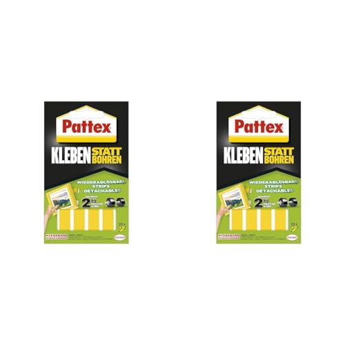 Pattex Kleben statt Bohren Klebe-Strips, starkes doppelseitiges Klebeband, ablösbare Klebestreifen, Kleber sichert Objekte dauerhaft ohne Bohren, 10 Streifen je 20 x 40mm (Packung mit 2) von Pattex