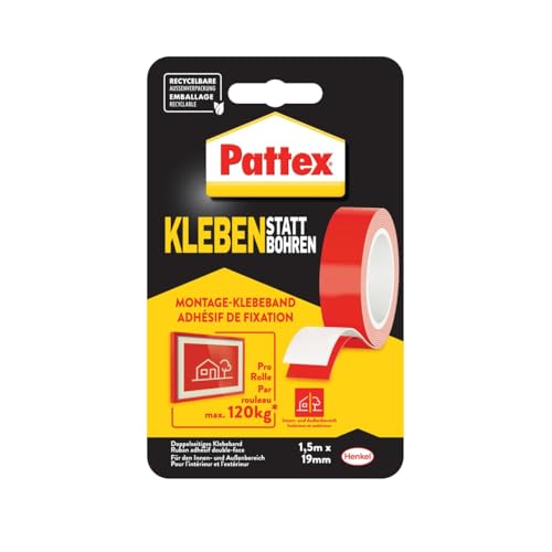 Pattex Kleben statt Bohren Klebeband, extra starkes doppelseitiges Klebeband, Doppelklebeband für Montagearbeiten innen & außen, Wandbefestigung ohne Bohren, 19mm x 1,5m von Pattex