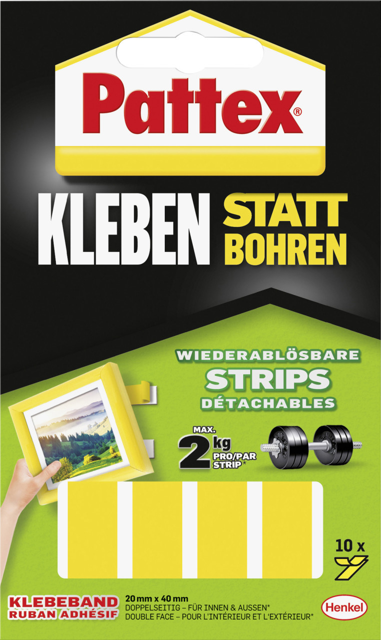Pattex Kleben statt Bohren Klebe-Strips 10 Klebestreifen je 20 x 40mm, weiß von Pattex
