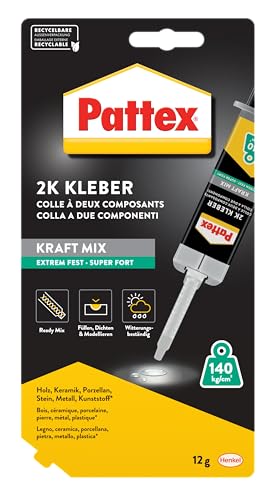 Pattex Kraft-Mix Extrem Fest, extrem starker Epoxidharz Kleber mit hoher Endfestigkeit, Klebstoff für fast jedes Material, transluzenter 2 Komponenten Kleber, 1x12g von Pattex