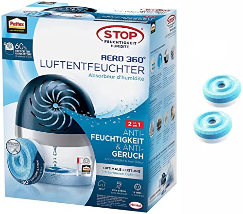 Pattex Luftentfeuchter Stop Feuchtigkeit AERO 360°, hocheffizienter Raumentfeuchter, nachfüllbar, reduziert Feuchtigkeit Gerüche & Schimmel, Spar-Set 1 Gerät + 3x 450 g Tab (1+2 extra), 9HPLAGSP1X von Pattex