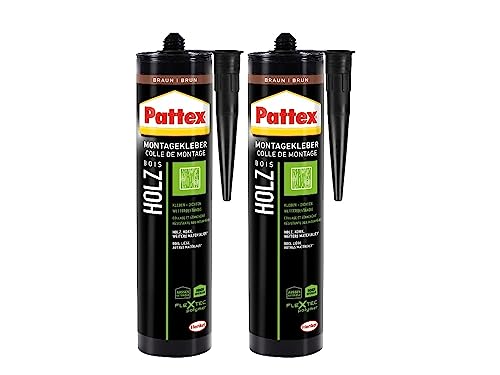 Pattex Montage Holz, starker Montagekleber für Holz und Holzwerkstoffe, wetterbeständiger Baukleber für alle Materialien*, elastischer Holzkleber für innen und außen**, 2x420g Kartusche von Pattex