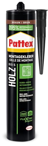 Pattex Montage Holz, starker Montagekleber für Holz und Holzwerkstoffe, wetterbeständiger Baukleber für alle Materialien*, elastischer Holzkleber für innen und außen**, 1x420g Kartusche von Pattex