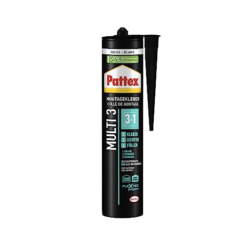 Pattex Montage Multi 3, 3in1 Montagekleber, starker Kraftkleber für fast alle Materialien*, wetterbeständiger Baukleber für innen und außen**, weiß, 1x390g Kartusche von Pattex