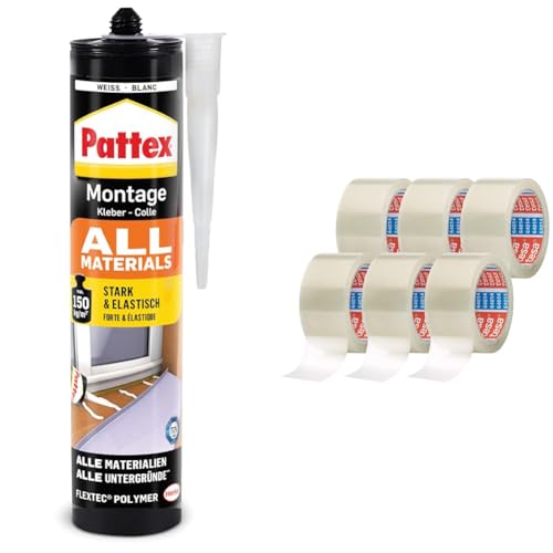 Pattex Montagekleber All Materials, stark haftender Alleskleber & tesapack 64014 im 6er Pack - Geräuscharmes Paketklebeband zum Verpacken von Paketen von Pattex