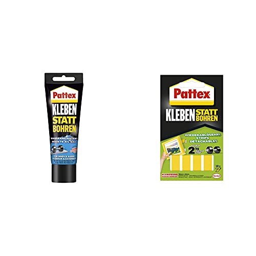 Pattex Montagekleber Kleben statt Bohren Wasserresistent, Kraftkleber für innen & außen, 1 x 340g & Pattex Kleben statt Bohren Klebe-Strips, starkes doppelseitiges Klebeband, 10 Streifen je 20 x 40mm von Pattex