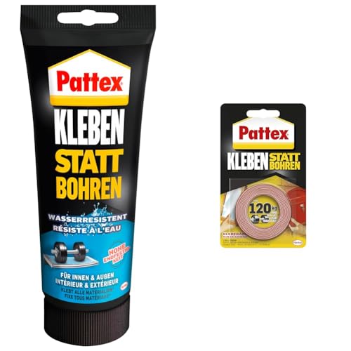 Pattex Montagekleber Kleben statt Bohren Wasserresistent, Kraftkleber für innen & außen, universell einsetzbarer Baukleber, 1 x 340g & Kleben statt Bohren Klebeband, 19mm x 1,5m von Pattex