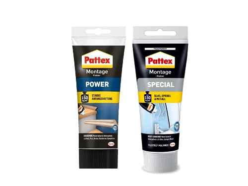 Pattex Montagekleber Power, Baukleber mit starker Anfangshaftung, Kraftkleber, weiß, 1 x 250g & Pattex Montage Spezial Kleber, transparent, 1 x 80g von Pattex