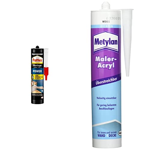 Pattex Montagekleber Power, Baukleber mit starker Anfangshaftung, Kraftkleber für saugende Materialien, Kleber für innen & außen, 1 x 370g & Metylan Maler-Acryl Wand & Decke, weiß, 1x300ml von Pattex