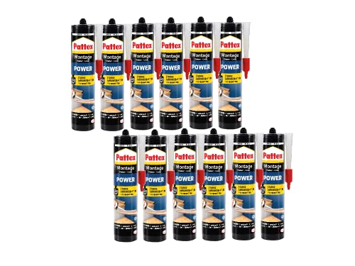 Pattex Montagekleber Power, Baukleber mit starker Anfangshaftung, Kraftkleber für saugende Materialien, Kleber für innen & außen, 12 x 370g von Pattex