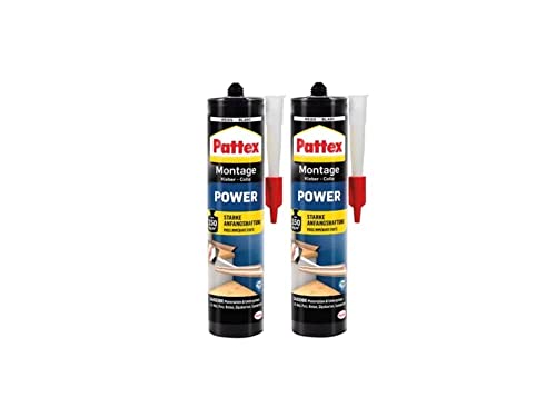 Pattex Montagekleber Power, Baukleber mit starker Anfangshaftung, Kraftkleber für saugende Materialien, Kleber für innen & außen, 2 x 370g von Pattex