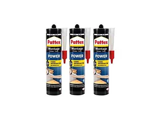 Pattex Montagekleber Power, Baukleber mit starker Anfangshaftung, Kraftkleber für saugende Materialien, Kleber für innen & außen, 3 x 370g von Pattex