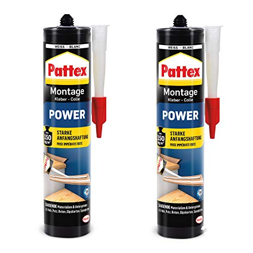 Pattex Montagekleber Power 740g, Baukleber mit starker Anfangshaftung, Kraftkleber für saugende Materialien, Kleber für innen & außen, Vorteilspack 2 Kartuschen mit je 370g, Weiß, 9H PXP37X von Pattex