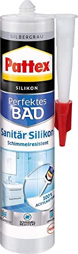 Pattex Perfektes Bad Sanitär Silikon, wasserfestes und schimmelresistentes Silikon für Bad und Küche, langlebige Dichtmasse für Fugen und Übergänge, silbergrau, 1 x 300 ml Kartusche von Pattex