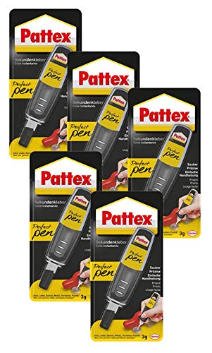 Pattex Perfect Pen, Sekundenkleber extra stark und präzise für punktgenaues Dosieren, Superkleber Stift für Materialien wie Holz, Gummi und Porzellan (5 x 3g) von Pattex