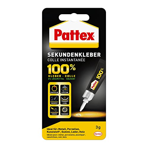 Pattex Sekundenkleber 100%, Sekundenschnelle Lösung, extrem starker Sekundekleber für vielfältige Materialien, 1x3g von Pattex