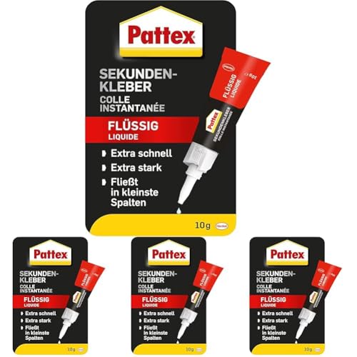 Pattex Sekundenkleber Flüssig, spülmaschinenfester Superkleber für viele Sofortreparaturen, schnelltrocknender farbloser Flüssigkleber, 1 x 10g (Packung mit 4) von Pattex