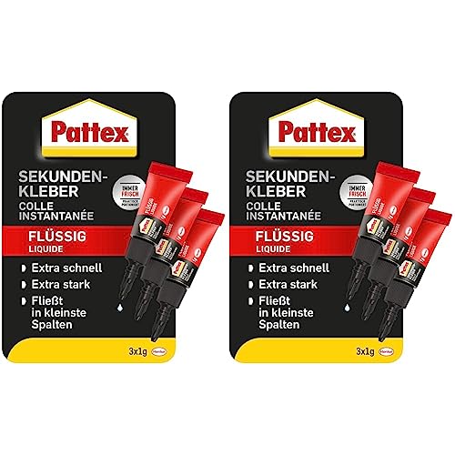 Pattex Sekundenkleber Flüssig Mini Trio, spülmaschinenfester Superkleber in 3 praktischen Tuben, schnelltrocknender farbloser Flüssigkleber, 3 x 1g, mehrfarbig (Packung mit 2) von Pattex