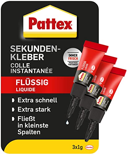 Pattex Sekundenkleber Flüssig Mini Trio, spülmaschinenfester Superkleber in 3 praktischen Tuben, schnelltrocknender farbloser Flüssigkleber, 3 x 1g, mehrfarbig von Pattex