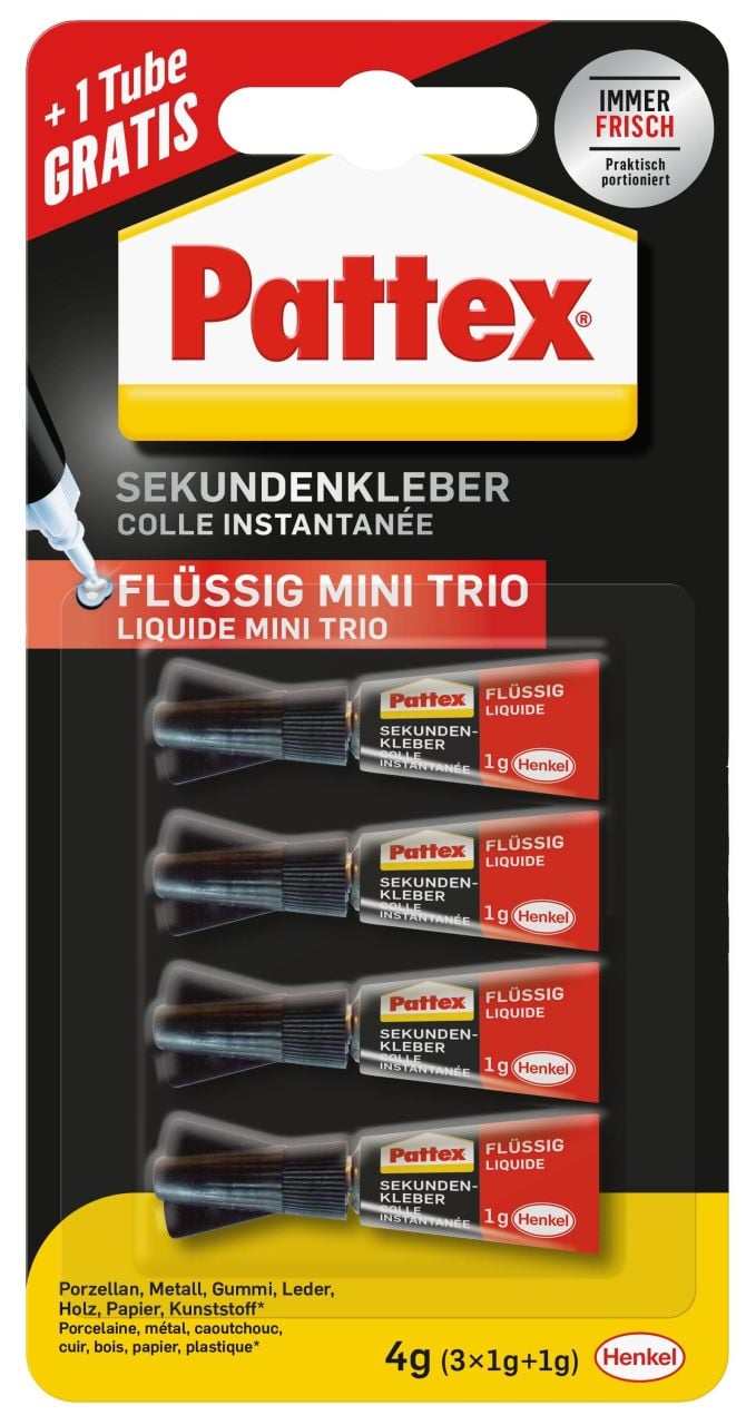 Pattex Sekundenkleber Flüssig Mini Trio 3 x 1 g + 1 Tube gratis, trocknet transparent von Pattex