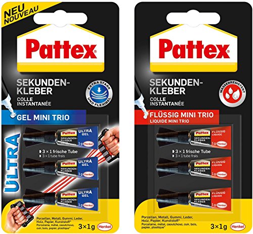 Pattex Sekundenkleber Mini Trio 3 x 1g Tuben Kombi-Set (1 Packung Gel Mini Trio + 1 Packung Flüssig Mini Trio) von Pattex