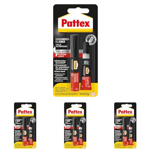 Pattex Sekundenkleber Plastik flüssig, Sofortkleber für alle Arten von Kunststoff, schnelles und einfaches zweiteiliges System, transparent trocknend, 1x4ml & 1x2g (Packung mit 4) von Pattex