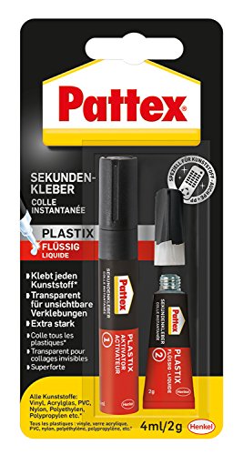 Pattex Sekundenkleber Plastik flüssig, Sofortkleber für alle Arten von Kunststoff, schnelles und einfaches zweiteiliges System, transparent trocknend, 1x4ml & 1x2g von Pattex