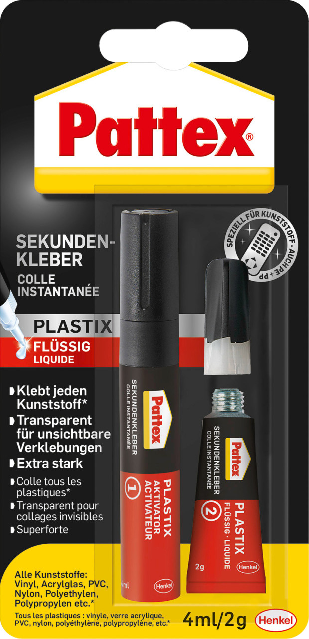 Pattex Sekundenkleber Plastix Flüssig 2 g + 4 ml Aktivator Stift, klar & farblos von Pattex