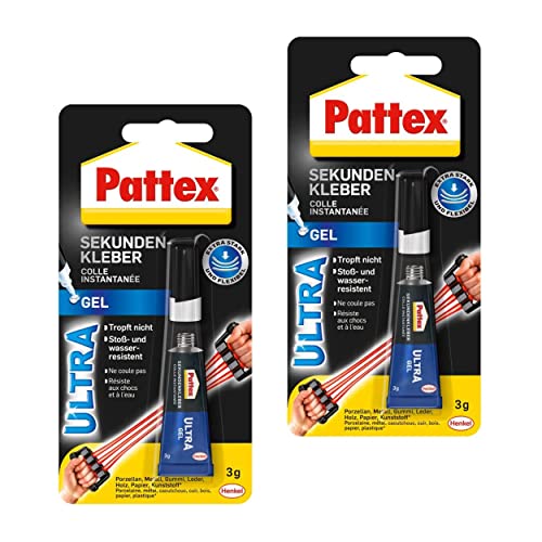 Pattex Sekundenkleber Ultra Gel, 2x 3 g extra starker & flexibler Superkleber, stoß- & wasserresistenter Reparaturkleber mit Gelkonsistenz für z. B. Gummi, Leder, Holz von Pattex