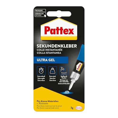 Pattex Sekundenkleber Ultra Gel, extra starker & flexibler Superkleber, stoß- & wasserresistentes Sekundenkleber Gel für z. B. Gummi, Leder, Holz, 1 x 3g Pattex Sekundenkleber Ultra Gel, extra starker & flexibler Superkleber, stoß- & wasserresistentes Sekundenkleber Gel für z. B. Gummi, Leder, Holz, 1 x 3g von Pattex