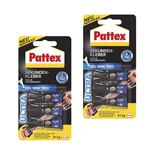 Pattex Sekundenkleber Ultra Gel Mini Trio, 6x 1 g Tube extra starker & flexibler Superkleber, Sekundenkleber Gel für z. B. Gummi, Leder, Holz von Pattex