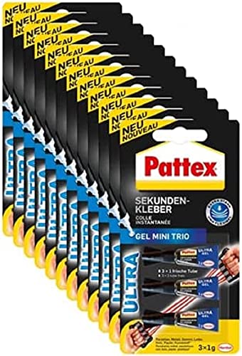 Pattex Sekundenkleber Ultra Gel Mini Trio, extra starker & flexibler Superkleber in 3 Tuben, Sekundenkleber Gel für z. B. Gummi, Leder, Holz, 12 x 3 x 1g von Pattex