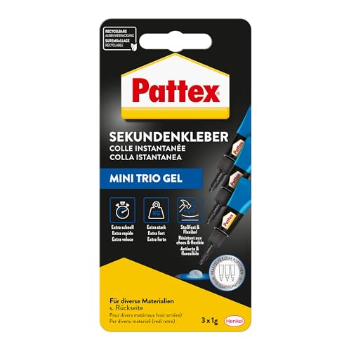 Pattex Sekundenkleber Ultra Gel Mini Trio, extra starker & flexibler Superkleber in 3 Tuben, Sekundenkleber Gel für z. B. Gummi, Leder, Holz, 3x 1 g Tube, 9H PSMG3 von Pattex