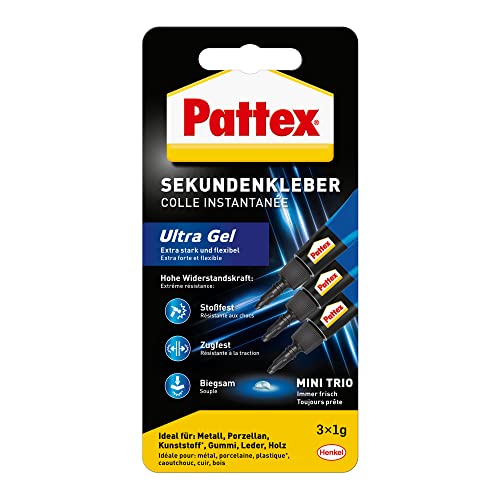 Pattex Sekundenkleber Ultra Gel Mini Trio, extra starker & flexibler Superkleber in 3 Tuben, Sekundenkleber Gel für z. B. Gummi, Leder, Holz, 3x 1 g Tube, 9H PSMG3 von Pattex