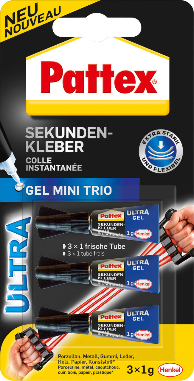 Pattex Sekundenkleber Ultra Gel Mini Trio 3 x 1 g Tube, farblos von Pattex